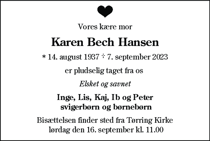Dødsannonce for Karen Bech Hansen
