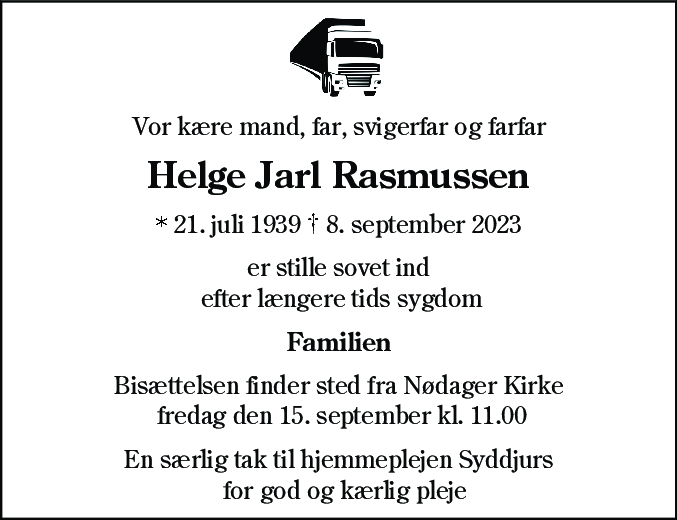 Dødsannonce for Helge Jarl Rasmussen