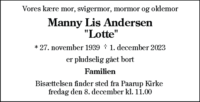 Dødsannonce for Manny Lis Andersen