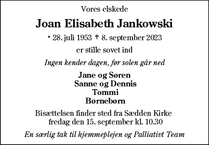 Dødsannonce for Joan Elisabeth Jankowski