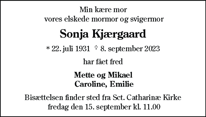 Dødsannonce for Sonja Kjærgaard