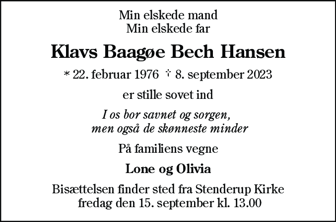 Dødsannonce for Klavs Baagøe Bech Hansen