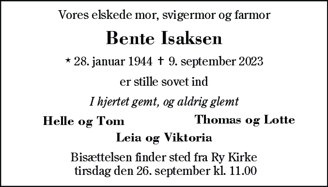 Dødsannonce for Bente Isaksen