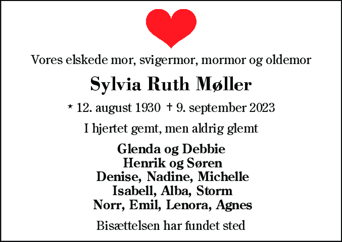 Dødsannonce for Ruth Sylvia Møller