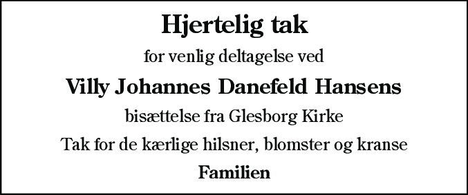 Dødsannonce for Villy Johannes Danefeldt Hansen