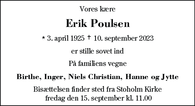 Dødsannonce for Erik Poulsen