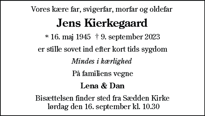 Dødsannonce for Jens Kierkegaard