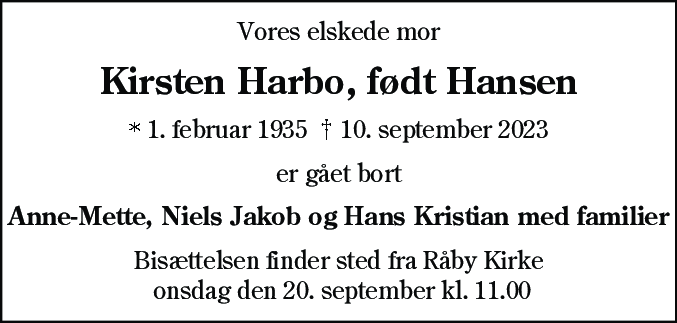 Dødsannonce for Kirsten Harbo