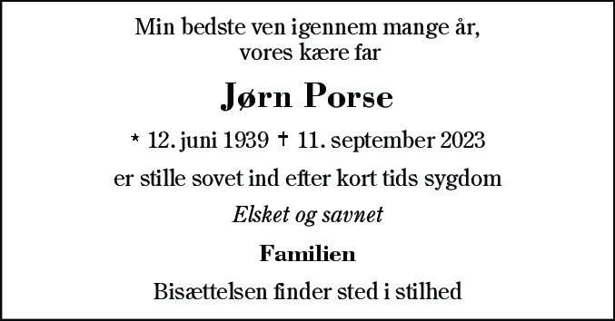 Dødsannonce for Jørn Porse