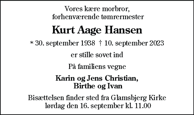 Dødsannonce for Kurt Aage Hansen
