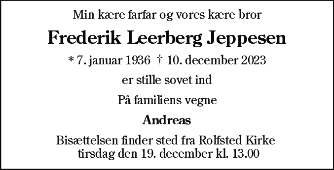 Dødsannonce for Frederik Leerberg Jeppesen