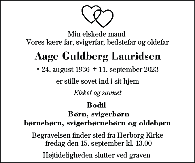 Dødsannonce for Aage Guldberg Lauridsen