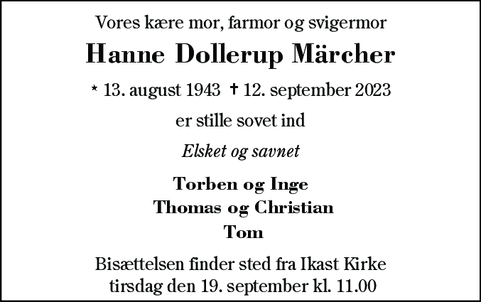 Dødsannonce for Hanne Dollerup Märcher