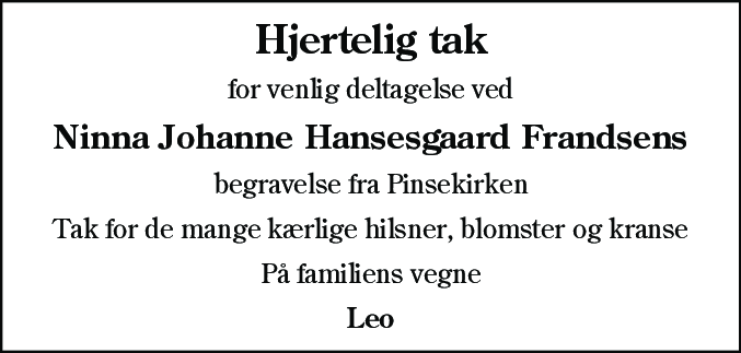 Dødsannonce for Ninna Johanne Hansesgaard Frandsen