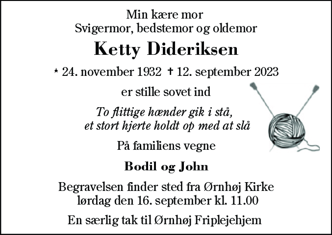 Dødsannonce for Ketty Dideriksen