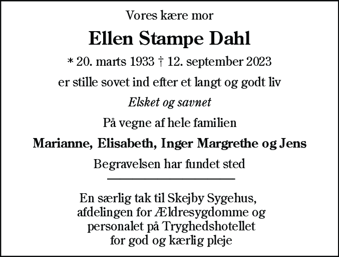 Dødsannonce for Ellen Stampe Dahl