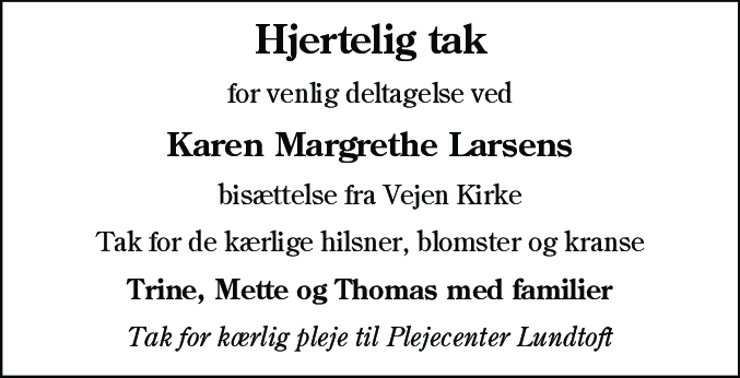 Dødsannonce for Karen Margrethe Larsen