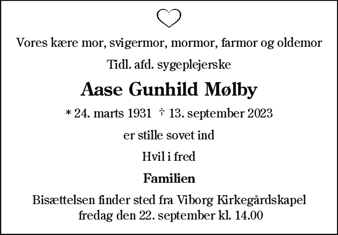 Dødsannonce for Aase Gunhild Mølby