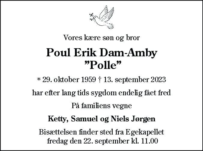 Dødsannonce for Poul Erik Dam-Amby
