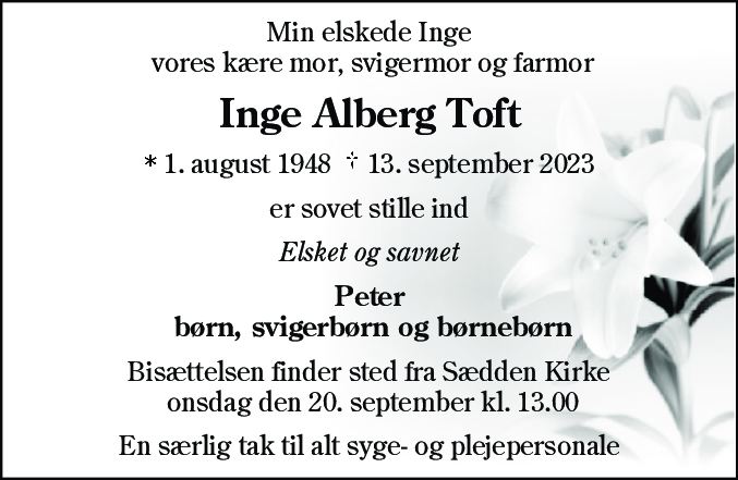 Dødsannonce for Inge Alberg Toft