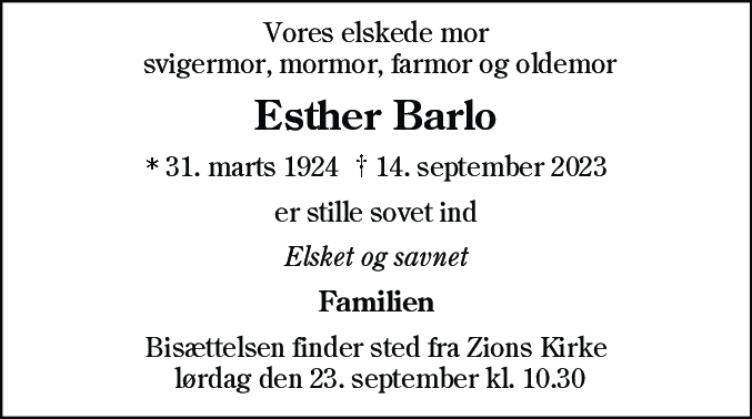 Dødsannonce for Esther Barlo