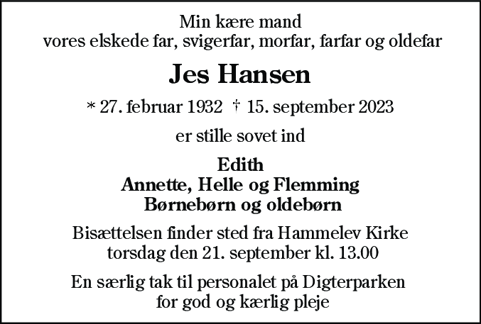 Dødsannonce for Jes Hansen