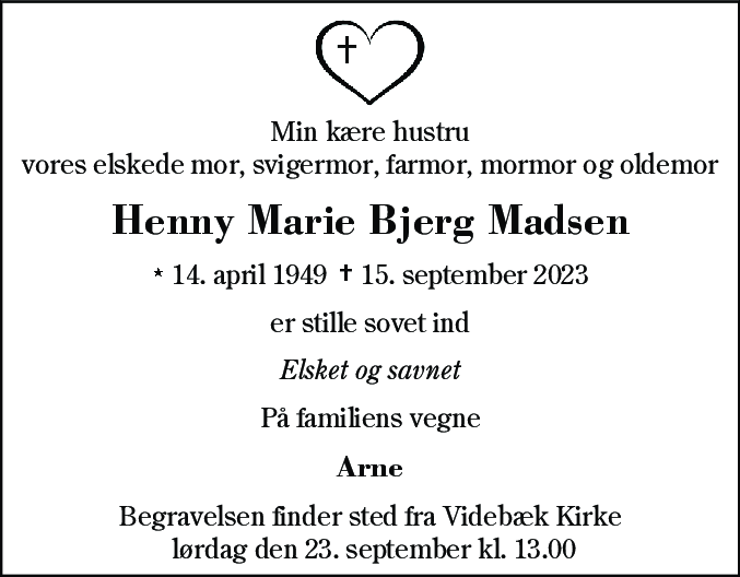 Dødsannonce for Henny Marie Bjerg Madsen
