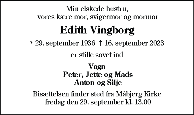 Dødsannonce for Edith Vingborg