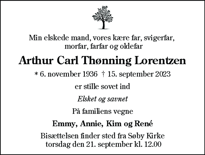 Dødsannonce for Arthur Carl Thønning Lorentzen