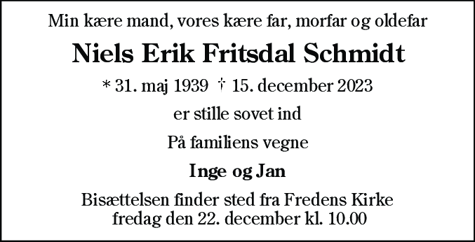 Dødsannonce for Niels Erik Fritsdal Schmidt