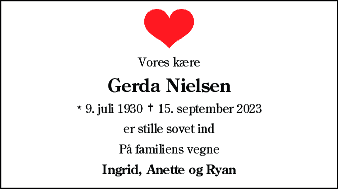 Dødsannonce for Gerda Sørensen Nielsen