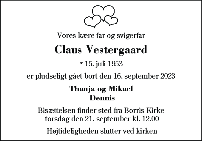 Dødsannonce for Claus Vestergaard