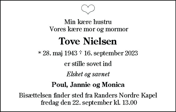 Dødsannonce for Tove Nielsen