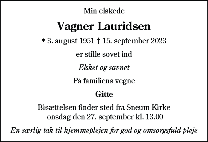 Dødsannonce for Vagner Lauridsen