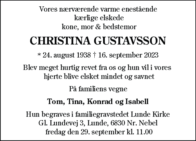 Dødsannonce for Christina Gustavsson