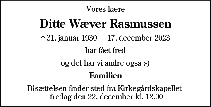 Dødsannonce for Ditte Wæver Rasmussen