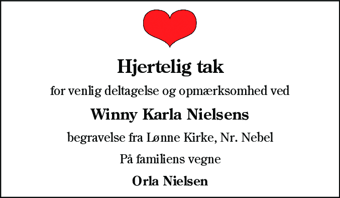 Dødsannonce for Winny Karla Nielsen