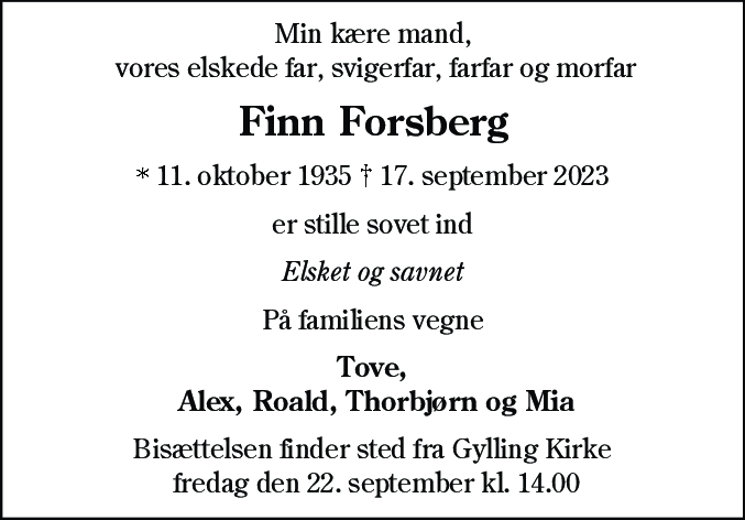 Dødsannonce for Finn Forsberg