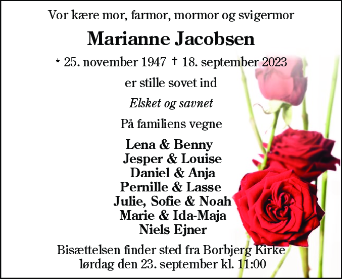 Dødsannonce for Marianne Jacobsen