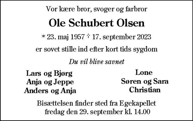 Dødsannonce for Ole Schubert Olsen