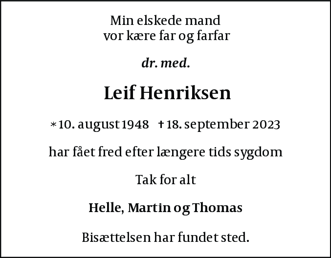 Dødsannonce for Leif Henriksen