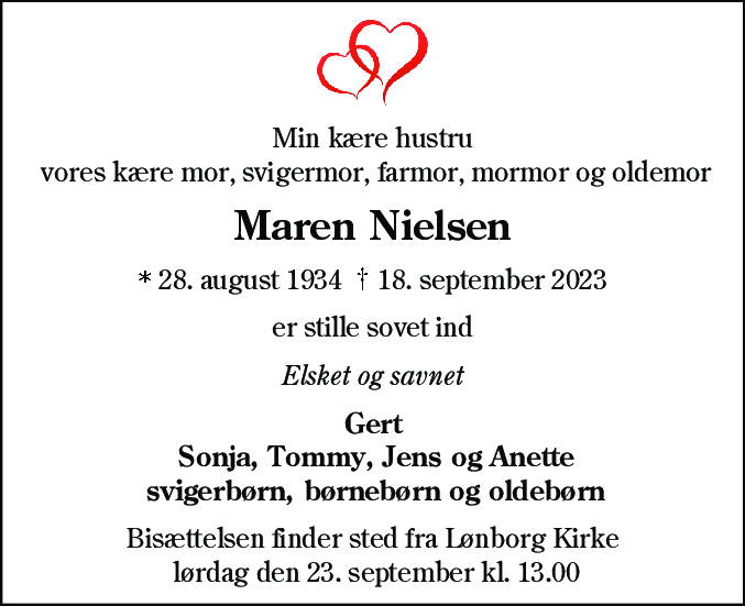 Dødsannonce for Maren Nielsen