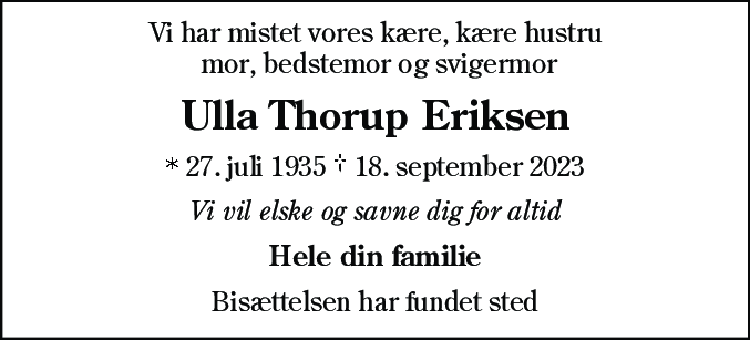 Dødsannonce for Ulla Thorup Eriksen