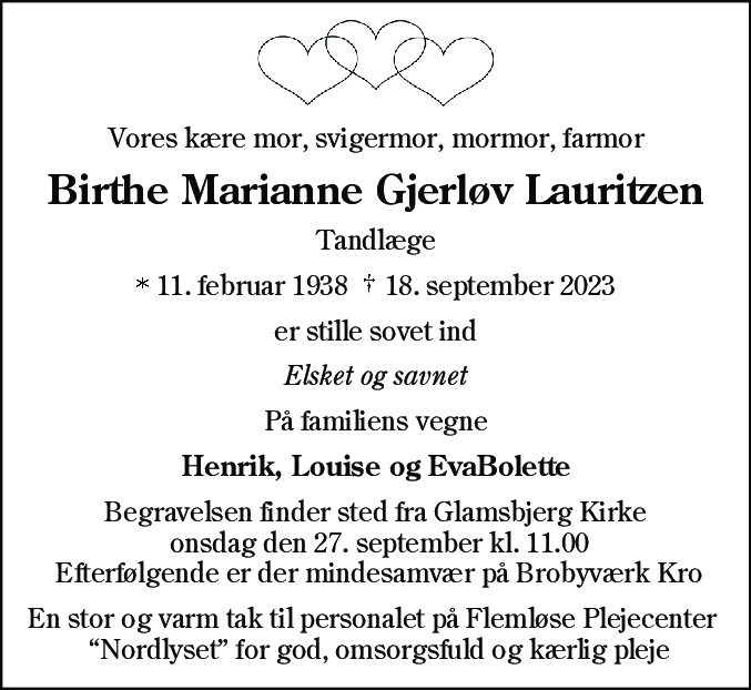 Dødsannonce for Birthe Marianne Gjerløv Lauritzen
