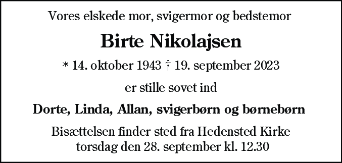 Dødsannonce for Birte Anita Nikolajsen