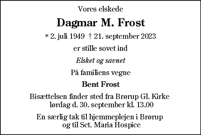 Dødsannonce for Dagmar Marie Frost
