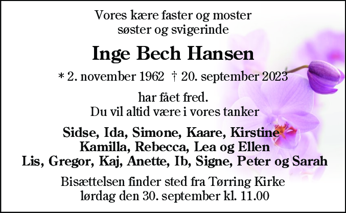Dødsannonce for Inge Bech Hansen