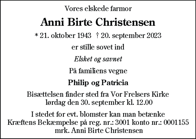 Dødsannonce for Anni Birte Christensen