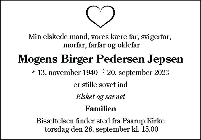 Dødsannonce for Mogens Birger Pedersen Jepsen