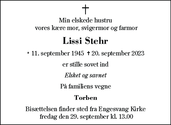Dødsannonce for Lissi Stehr